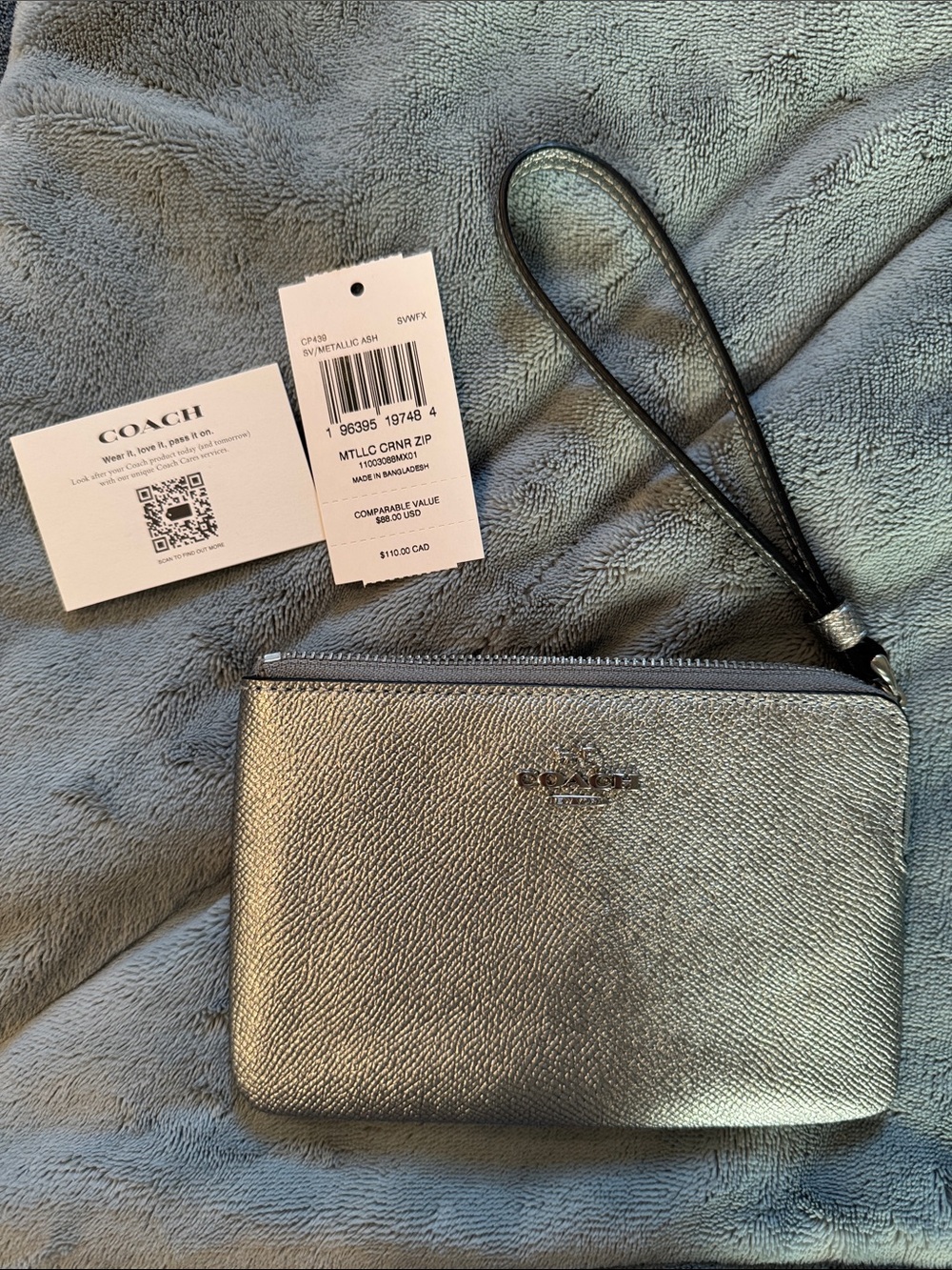 Coach Metallic Silver Wristlet Pouch with Wrist Strap